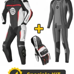 Kit Befast Racing N6 - Tuta Pelle SENTUL Nero Bianco Rosso + Guanti Pelle TECNO RS Nero Bianco Rosso + Sottotuta Integrale Made In Italy