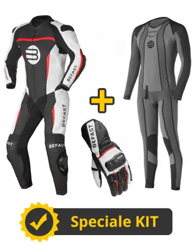 Kit Befast Racing N6 - Tuta Pelle SENTUL Nero Bianco Rosso + Guanti Pelle TECNO RS Nero Bianco Rosso + Sottotuta Integrale Made In Italy